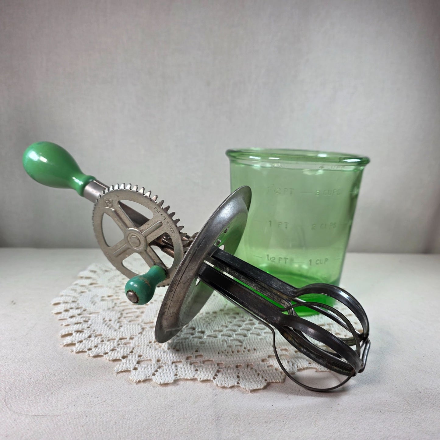 Vintage Uranium Glass Beater Jar Complete Green Depression Glass Mixer Jar Glows Under UV
