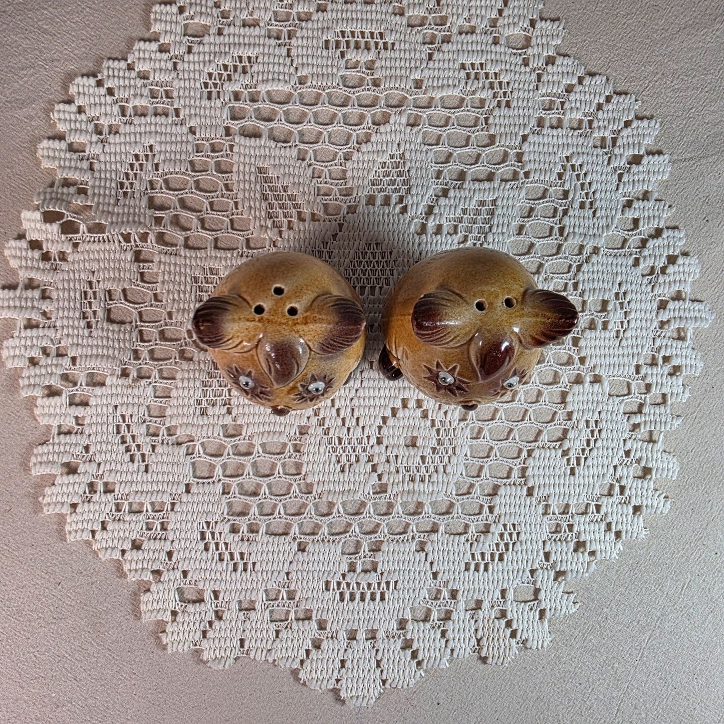 Vintage Ceramic Owl Salt & Pepper Shakers Japan Brown & Yellow With Googly Eyes
