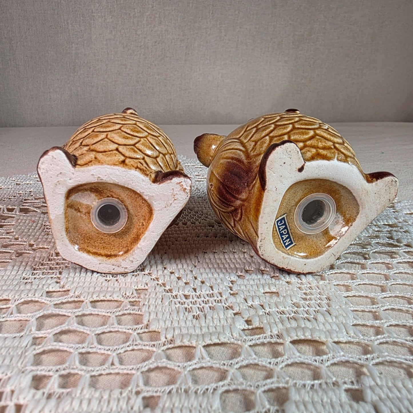 Vintage Ceramic Owl Salt & Pepper Shakers Japan Brown & Yellow With Googly Eyes