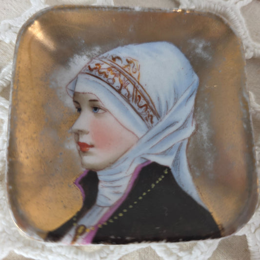 Hand Painted Miniature Portrait Dish With Gilded Rim Border Victorian Era Circa 1880-1900