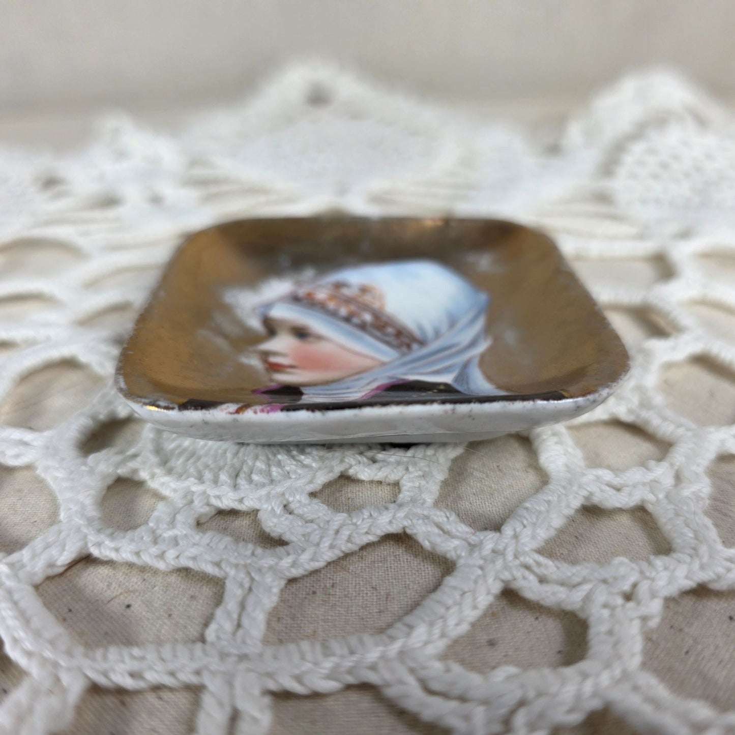 Hand Painted Miniature Portrait Dish With Gilded Rim Border Victorian Era Circa 1880-1900