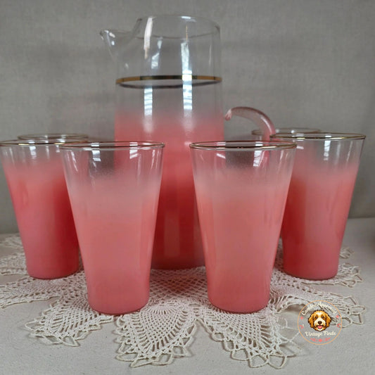 Vintage Pink Frosted Glass Pitcher Set Ombre Gold Rim 6 Tumblers Mid Century Barware