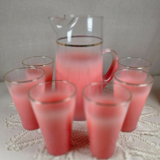 Vintage Pink Frosted Glass Pitcher Set Ombre Gold Rim 6 Tumblers Mid Century Barware