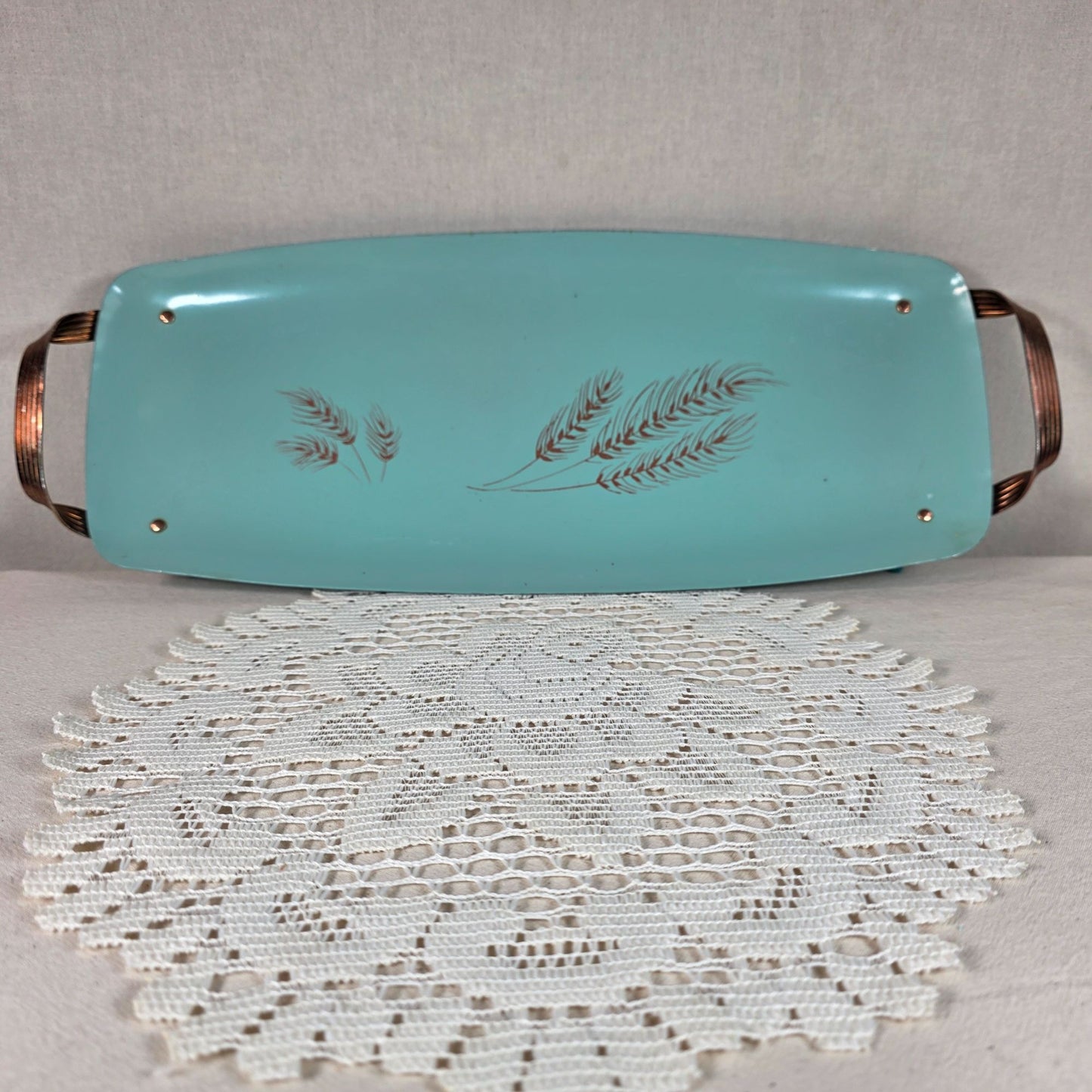 Vintage Turquoise Wheat Motif Enamel Serving Tray With Copper Handles