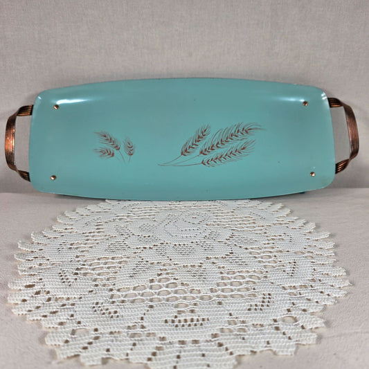 Vintage Turquoise Wheat Motif Enamel Serving Tray With Copper Handles