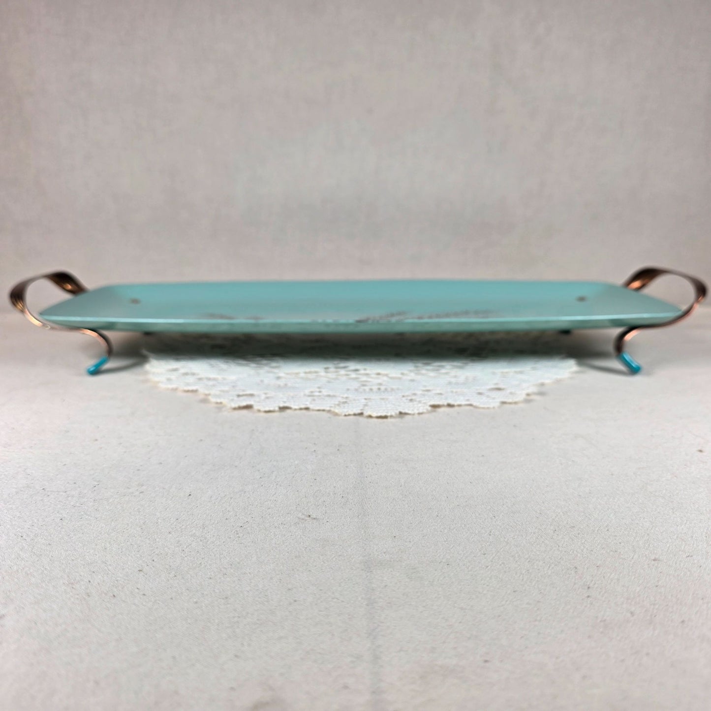 Vintage Turquoise Wheat Motif Enamel Serving Tray With Copper Handles