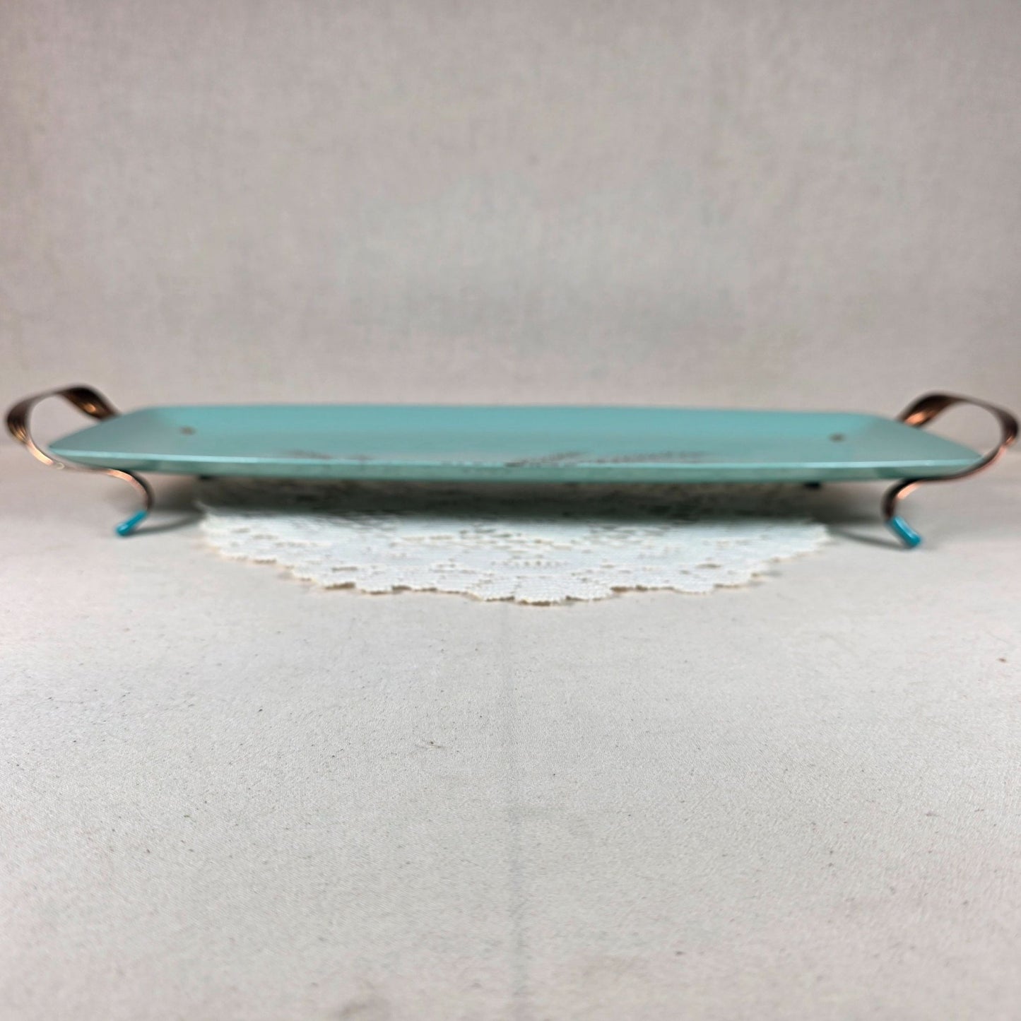 Vintage Turquoise Wheat Motif Enamel Serving Tray With Copper Handles