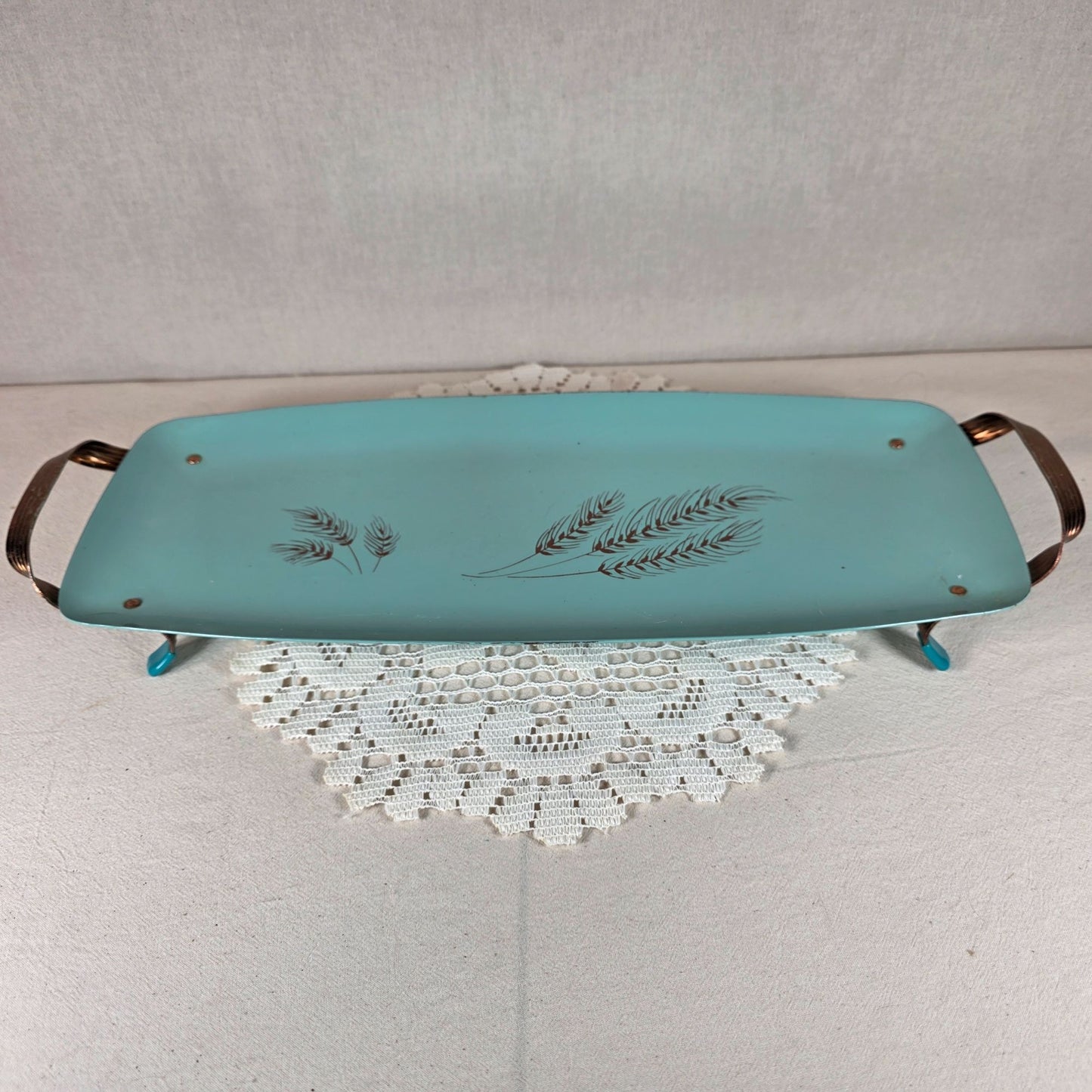 Vintage Turquoise Wheat Motif Enamel Serving Tray With Copper Handles