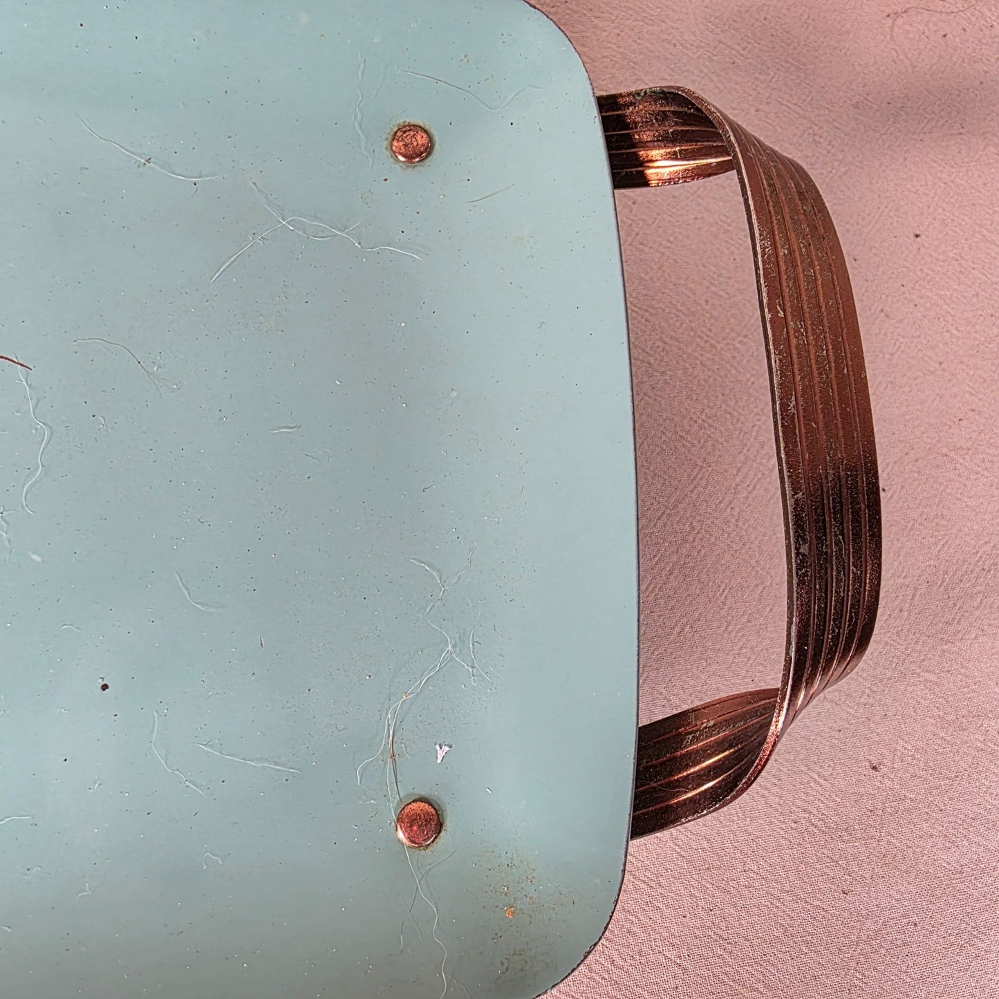 Vintage Turquoise Wheat Motif Enamel Serving Tray With Copper Handles