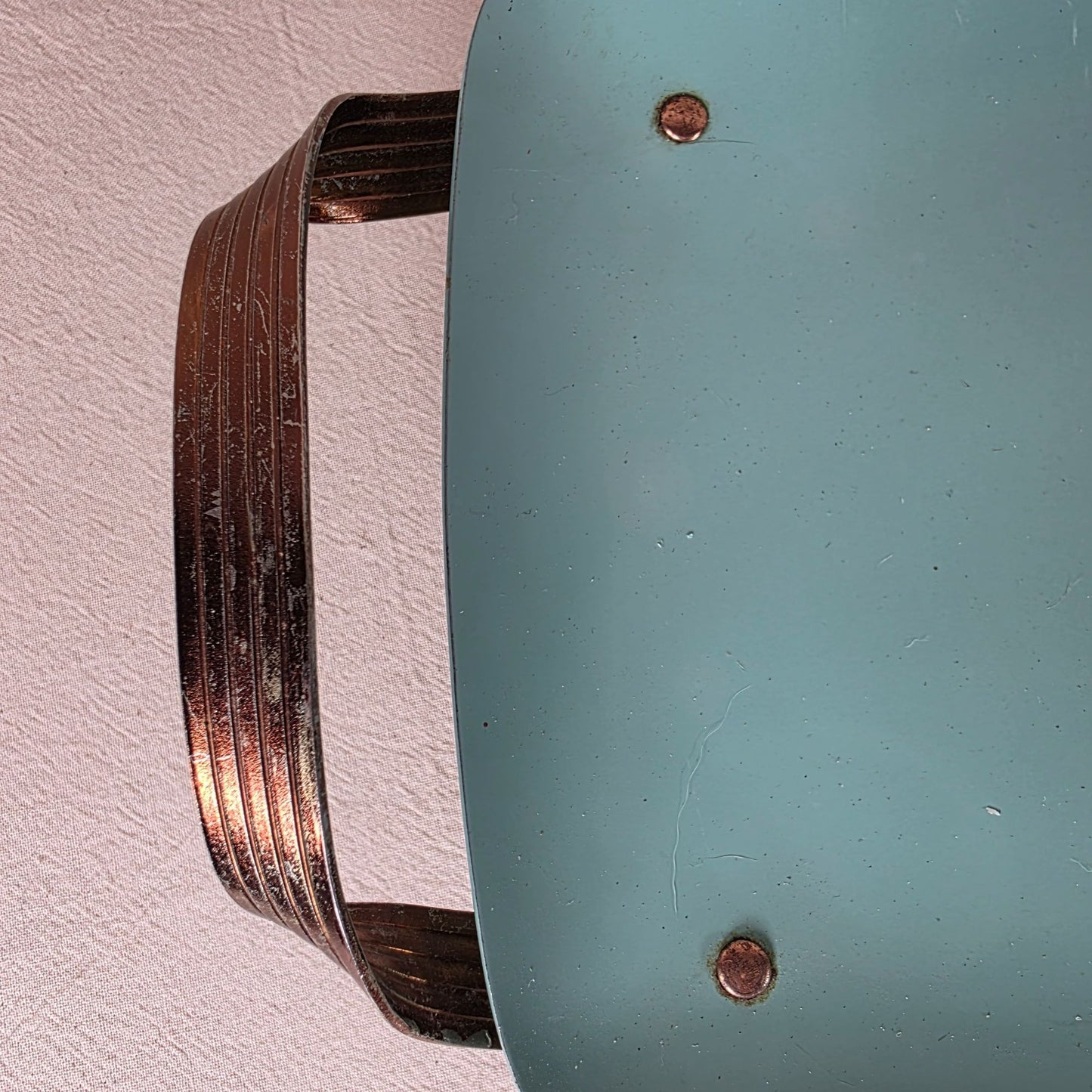 Vintage Turquoise Wheat Motif Enamel Serving Tray With Copper Handles