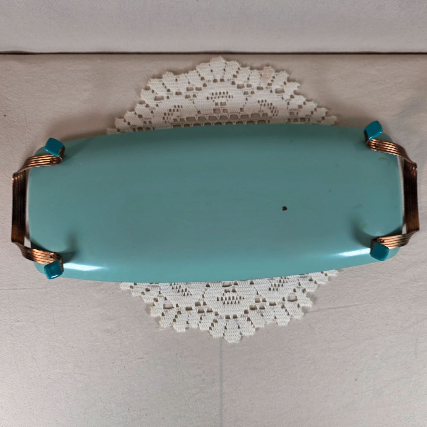 Vintage Turquoise Wheat Motif Enamel Serving Tray With Copper Handles