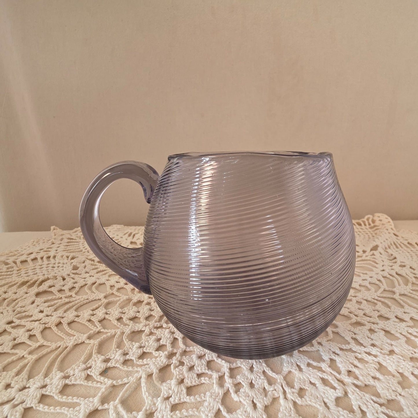 Victor Durand Threaded Glass Pitcher 5" Round Lavender Swirl Handle