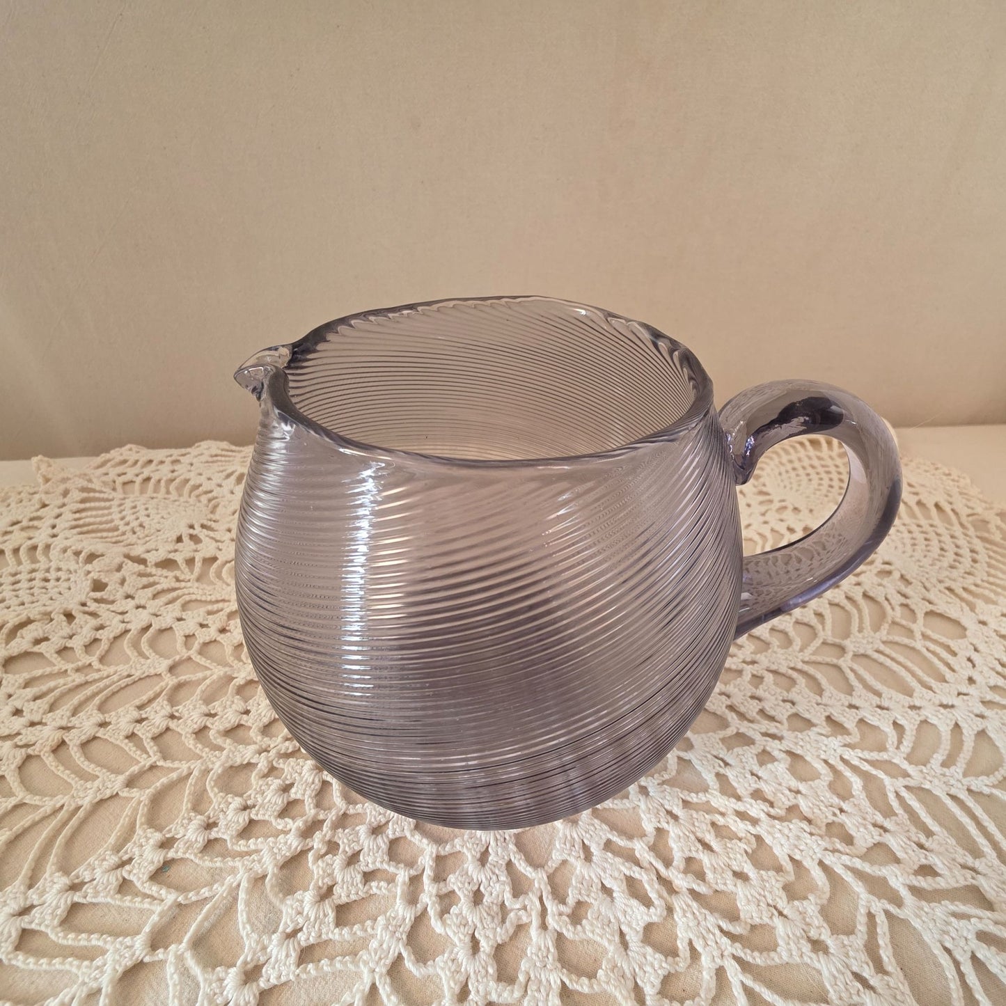 Victor Durand Threaded Glass Pitcher 5" Round Lavender Swirl Handle