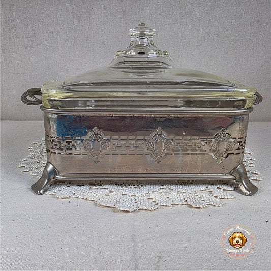 Vintage Pyrex covered refrigerator dish** Decorative silverplate footed serving frame/cradle