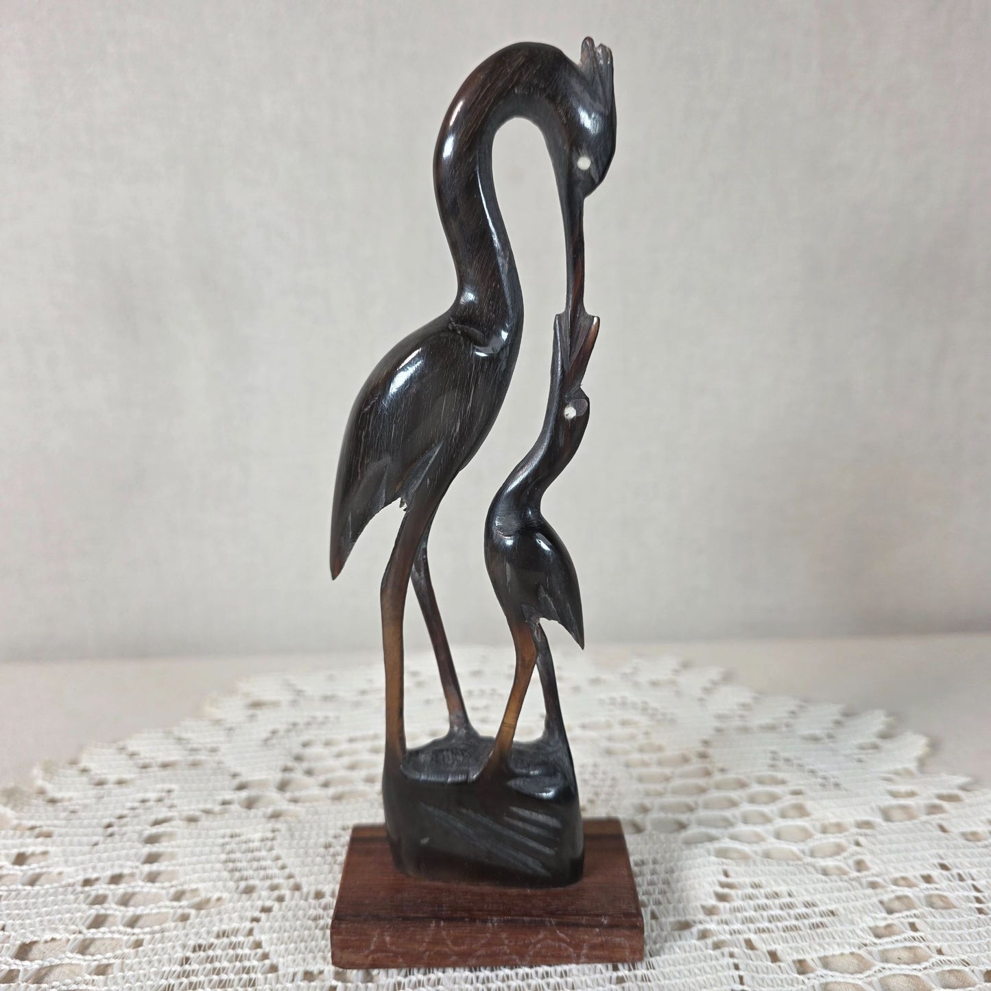 Vintage Hand Carved Water Buffalo Horn Crane Family Sculpture On Wooden Base