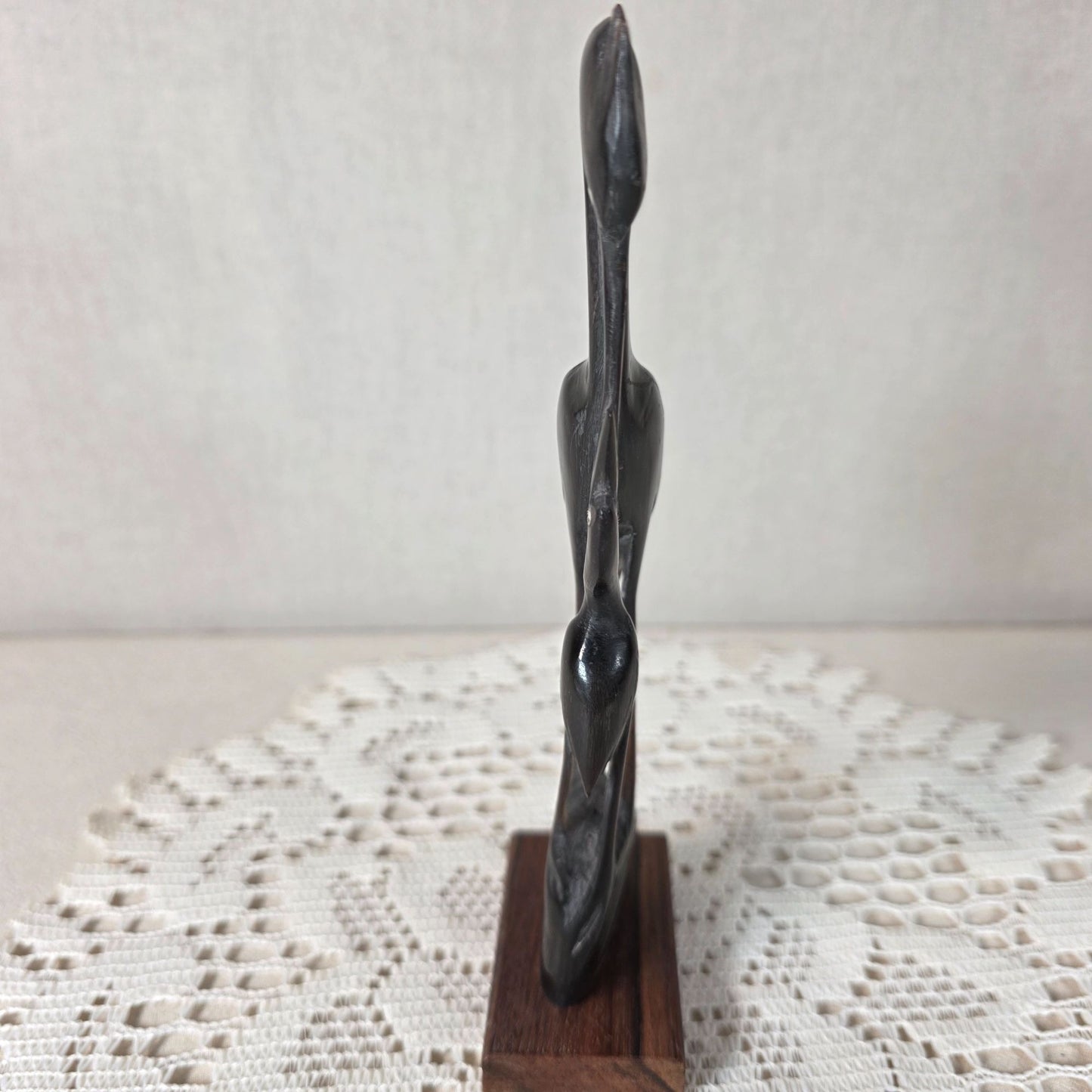 Vintage Hand Carved Water Buffalo Horn Crane Family Sculpture On Wooden Base
