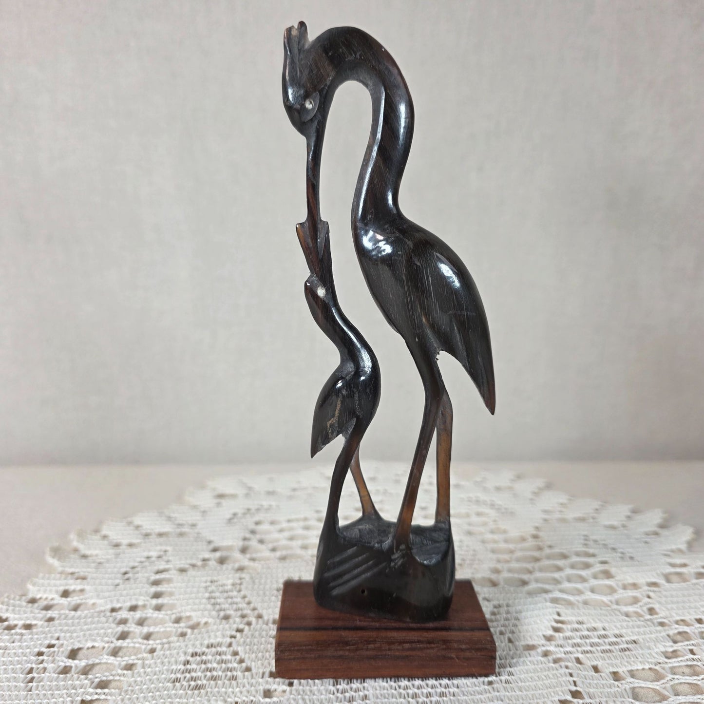 Vintage Hand Carved Water Buffalo Horn Crane Family Sculpture On Wooden Base