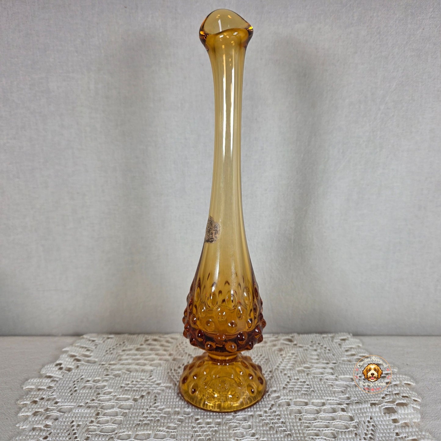 Vintage Fenton Amber Hobnail Swung Vase 11" Art Glass Mid Century MCM Embossed Logo
