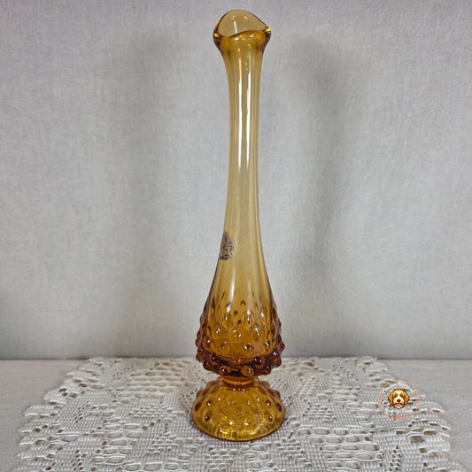Vintage Fenton Amber Hobnail Swung Vase 11" Art Glass Mid Century MCM Embossed Logo