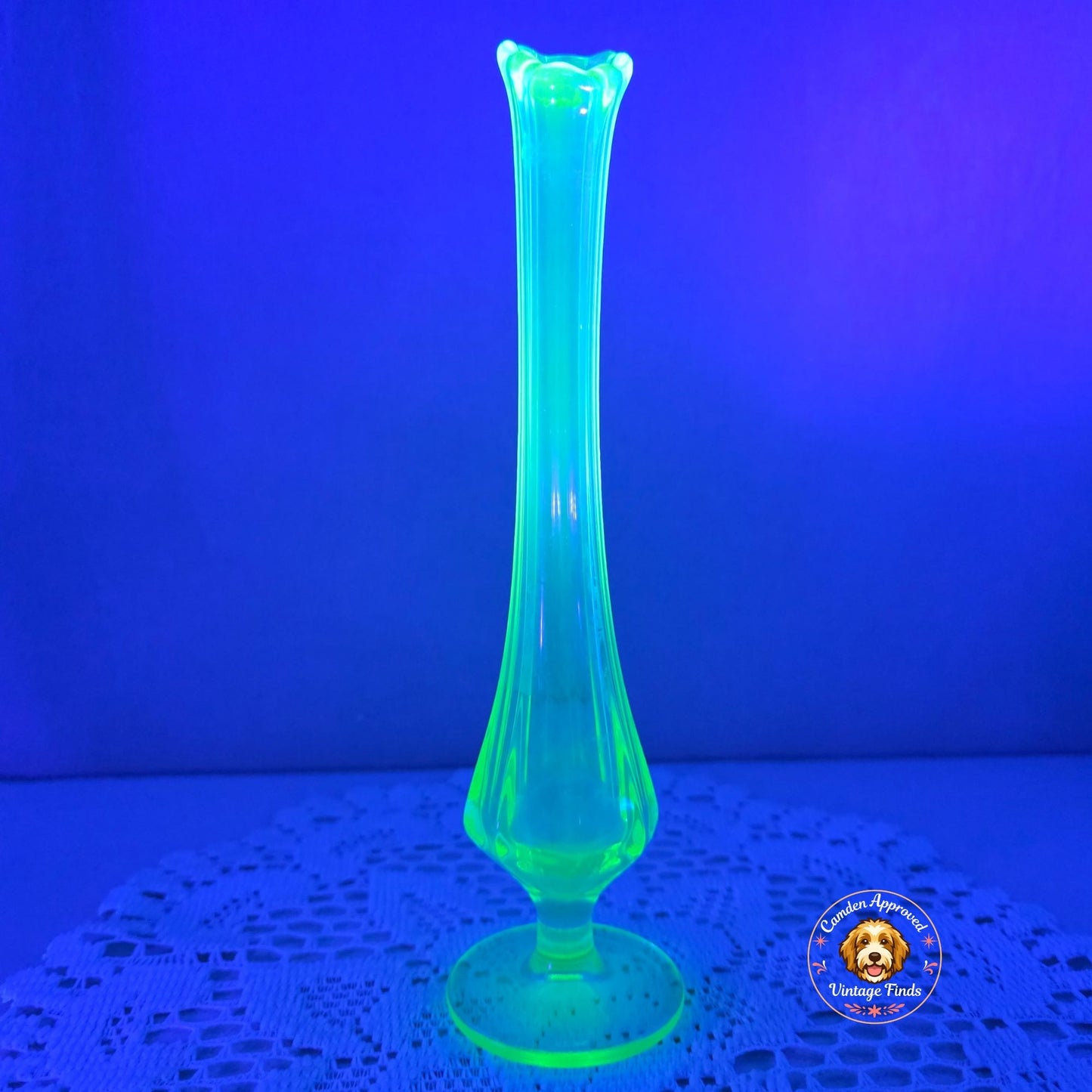 Vintage Uranium Glass Bud Vase Vaseline Glass UV Reactive 8.5" MCM