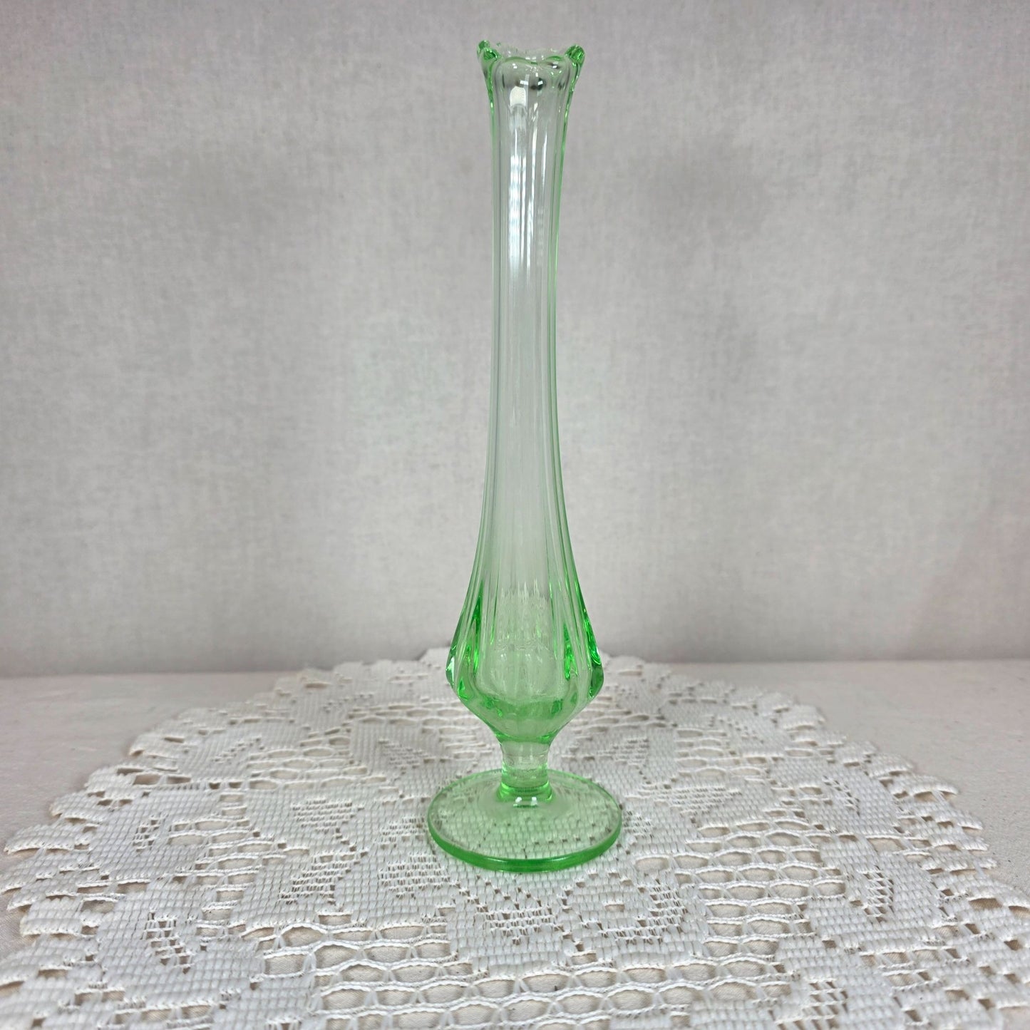 Vintage Uranium Glass Bud Vase Vaseline Glass UV Reactive 8.5" MCM