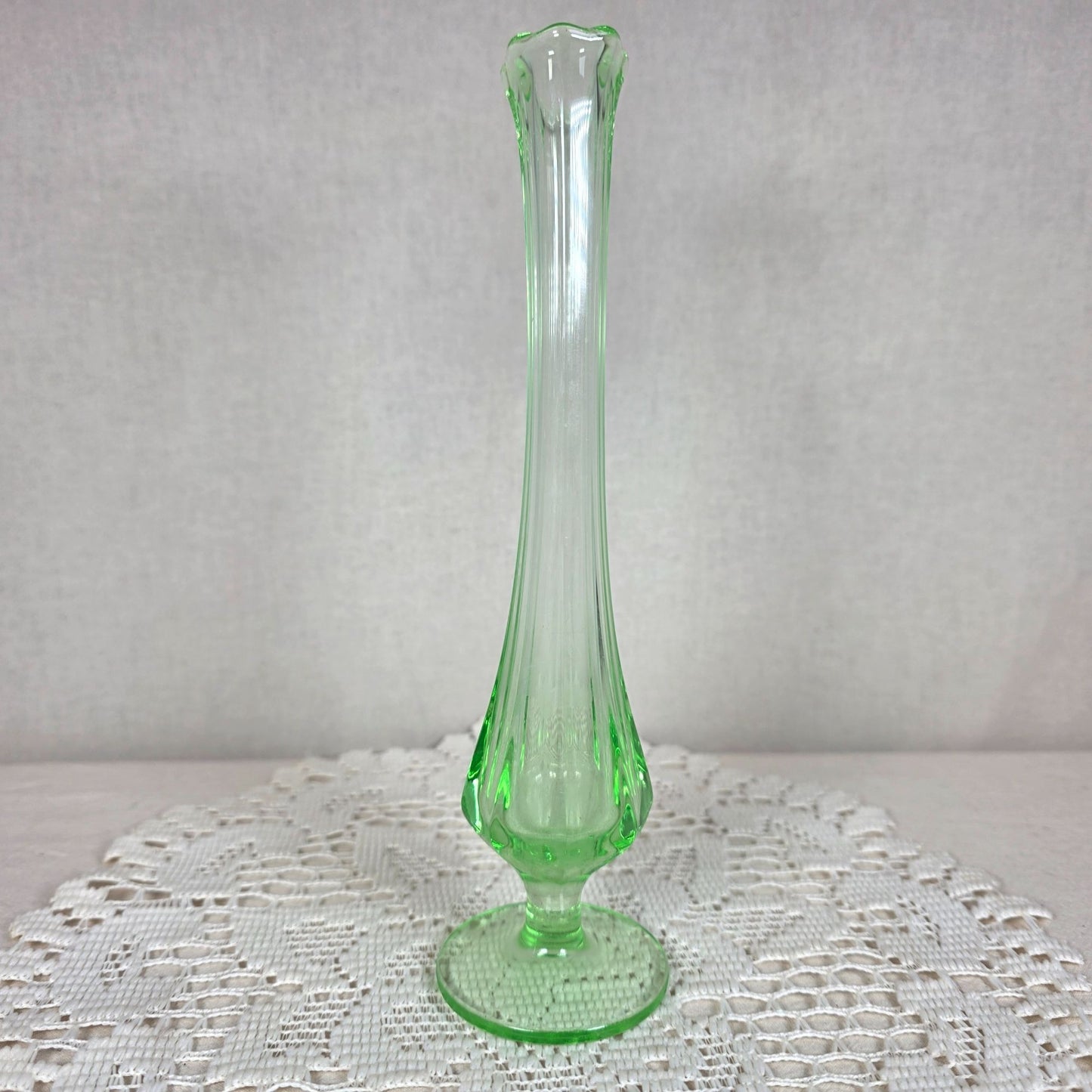 Vintage Uranium Glass Bud Vase Vaseline Glass UV Reactive 8.5" MCM