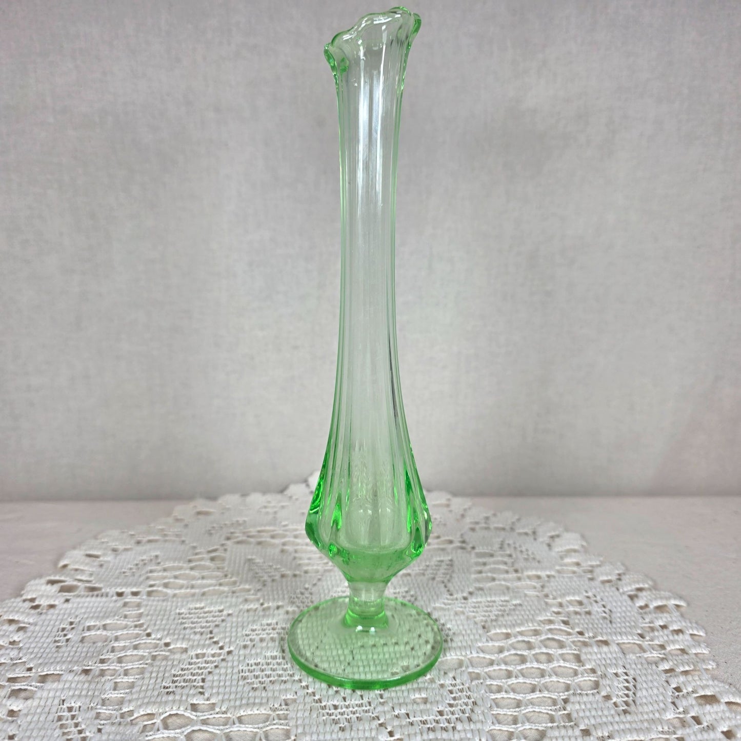 Vintage Uranium Glass Bud Vase Vaseline Glass UV Reactive 8.5" MCM