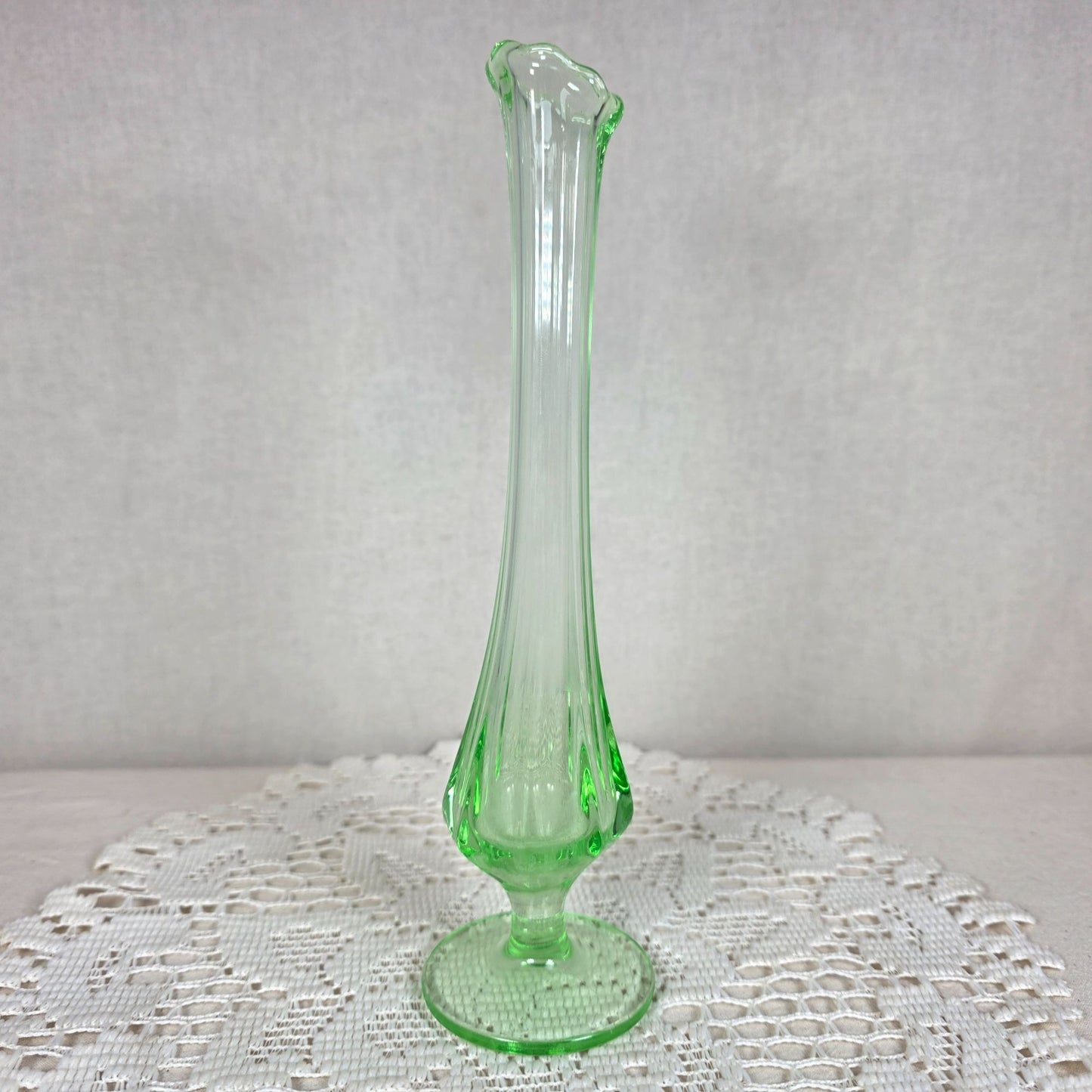 Vintage Uranium Glass Bud Vase Vaseline Glass UV Reactive 8.5" MCM