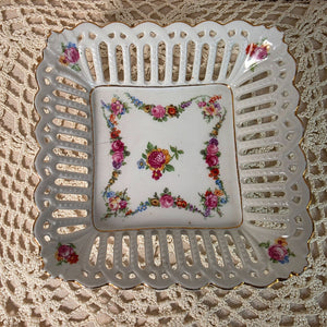 Vintage German Porcelain Square Lattice Candy Dish With Floral Pattern & Gold Trim 6"