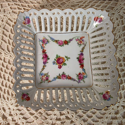 Vintage German Porcelain Square Lattice Candy Dish With Floral Pattern & Gold Trim 6"