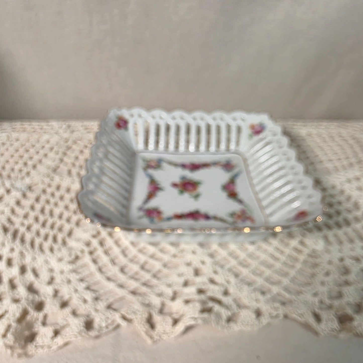 Vintage German Porcelain Square Lattice Candy Dish With Floral Pattern & Gold Trim 6"