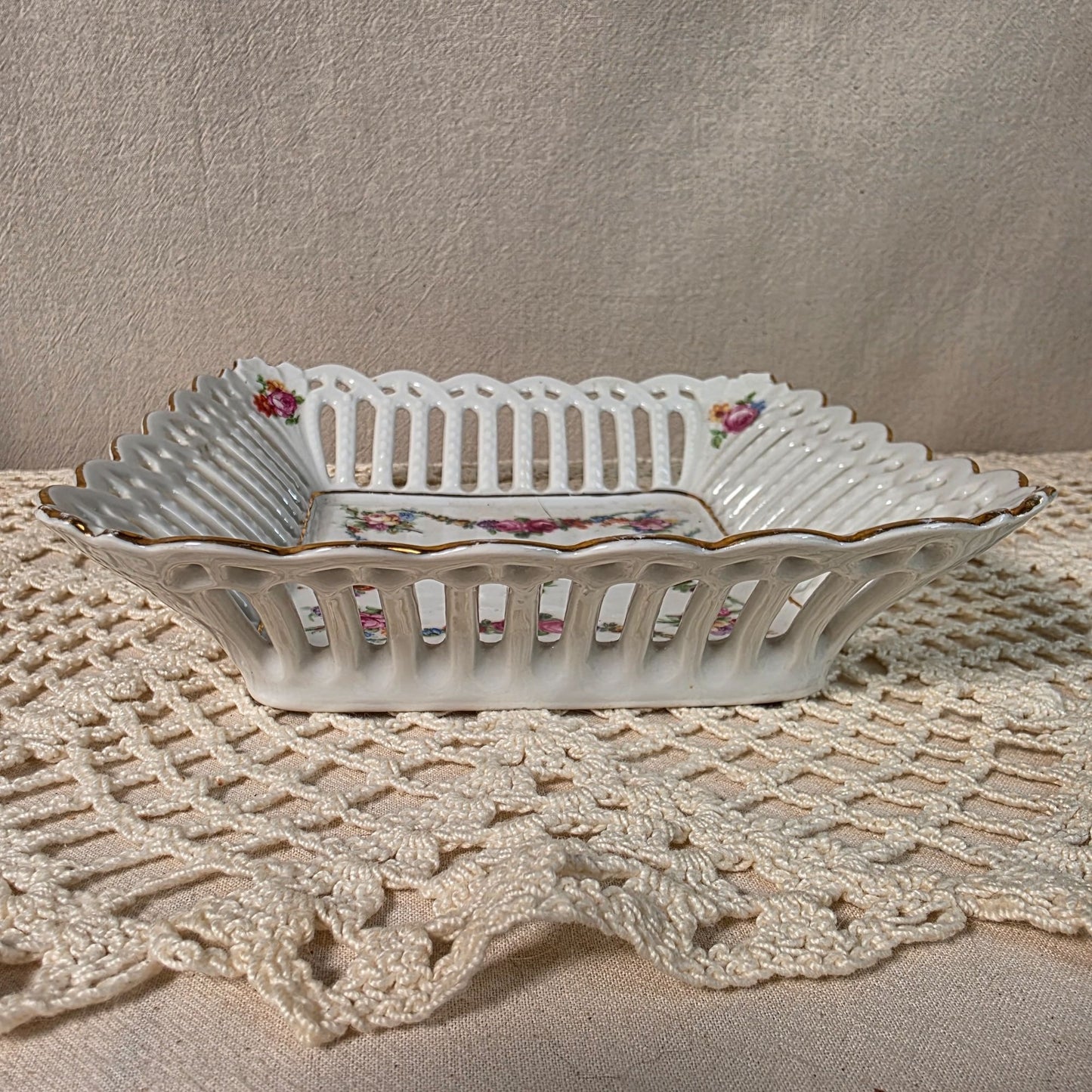 Vintage German Porcelain Square Lattice Candy Dish With Floral Pattern & Gold Trim 6"