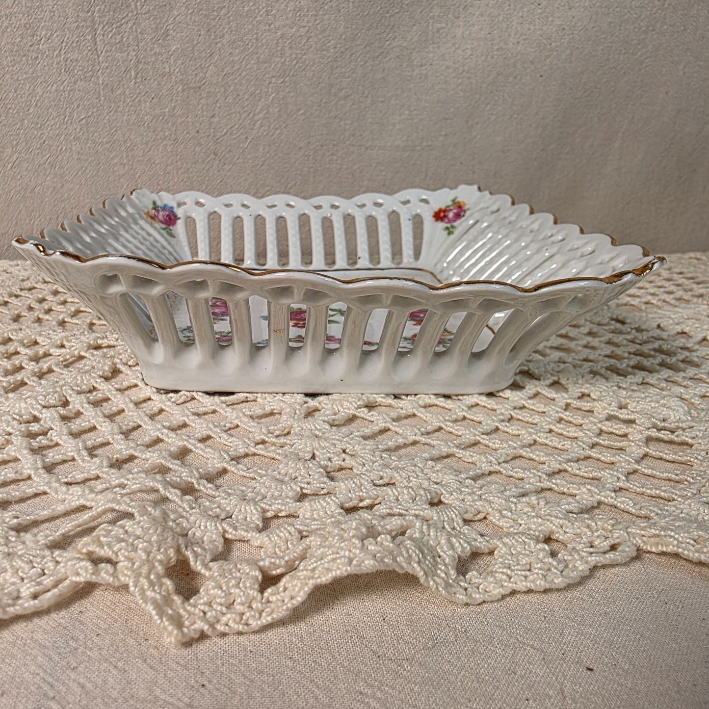 Vintage German Porcelain Square Lattice Candy Dish With Floral Pattern & Gold Trim 6"