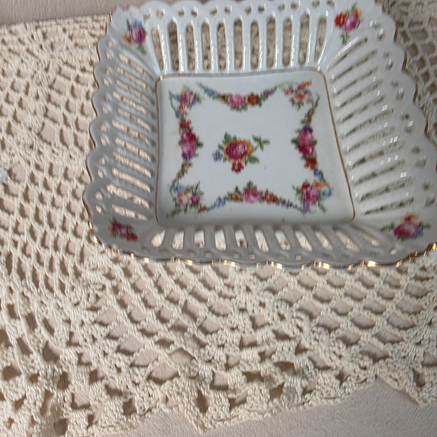 Vintage German Porcelain Square Lattice Candy Dish With Floral Pattern & Gold Trim 6"
