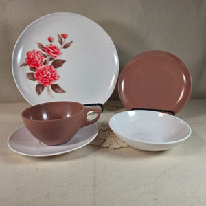 Vintage Sun Valley Melmac 2 Place Settings Floral Brown Plates Cups Bowls Mid Century