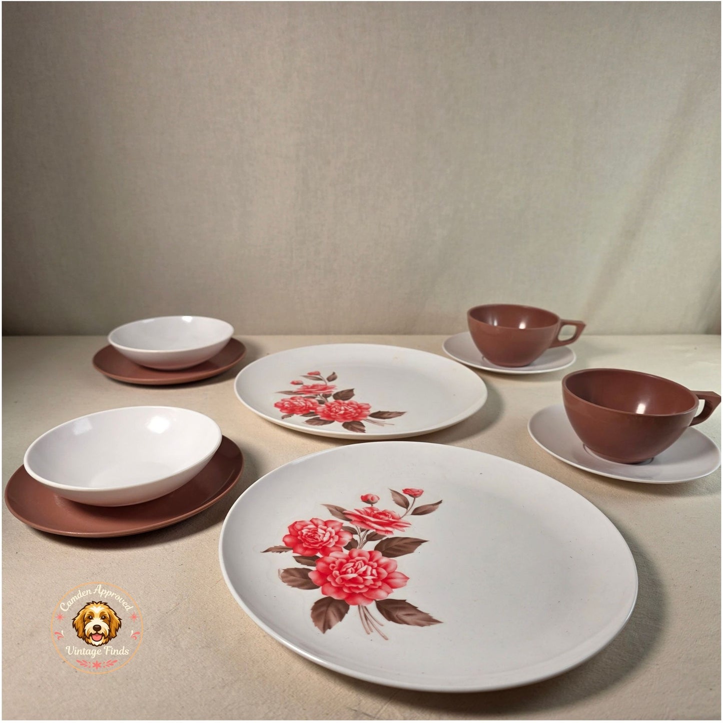 Vintage Sun Valley Melmac 2 Place Settings Floral Brown Plates Cups Bowls Mid Century