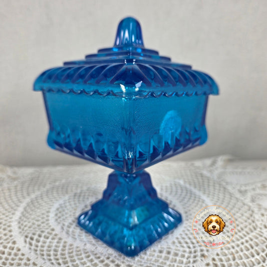 Vintage Jeannette Glass Blue Compote Candy Dish Pedestal Lidded Footed Bowl with Lid