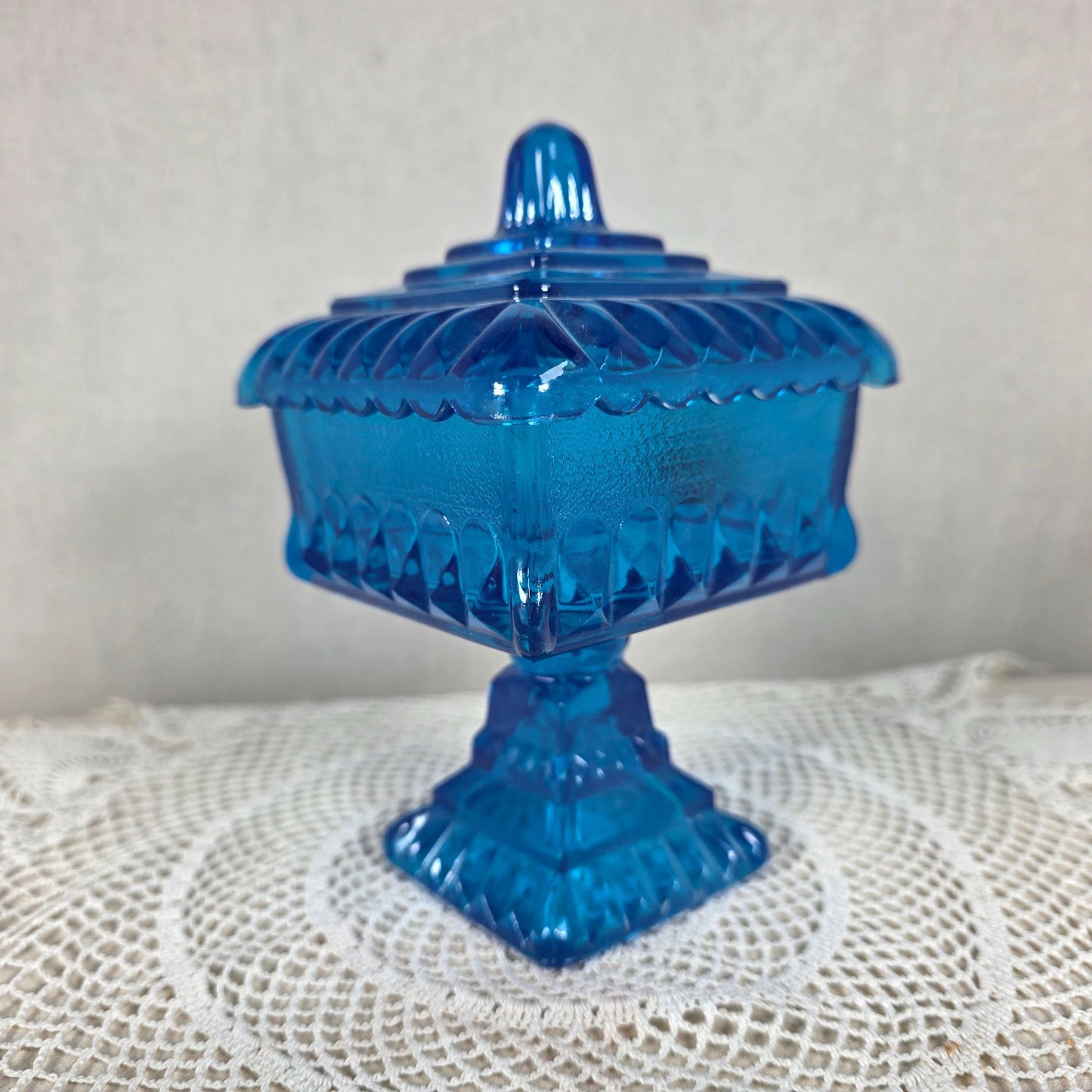 Vintage Jeannette Glass Blue Compote Candy Dish Pedestal Lidded Footed Bowl with Lid