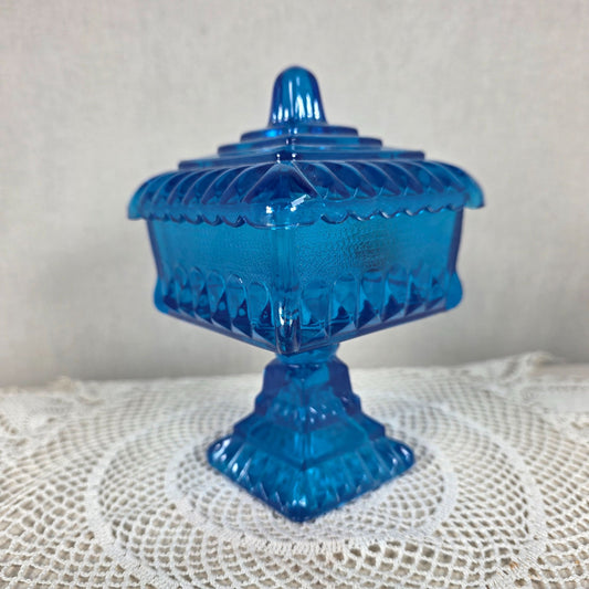 Vintage Jeannette Glass Blue Compote Candy Dish Pedestal Lidded Footed Bowl with Lid
