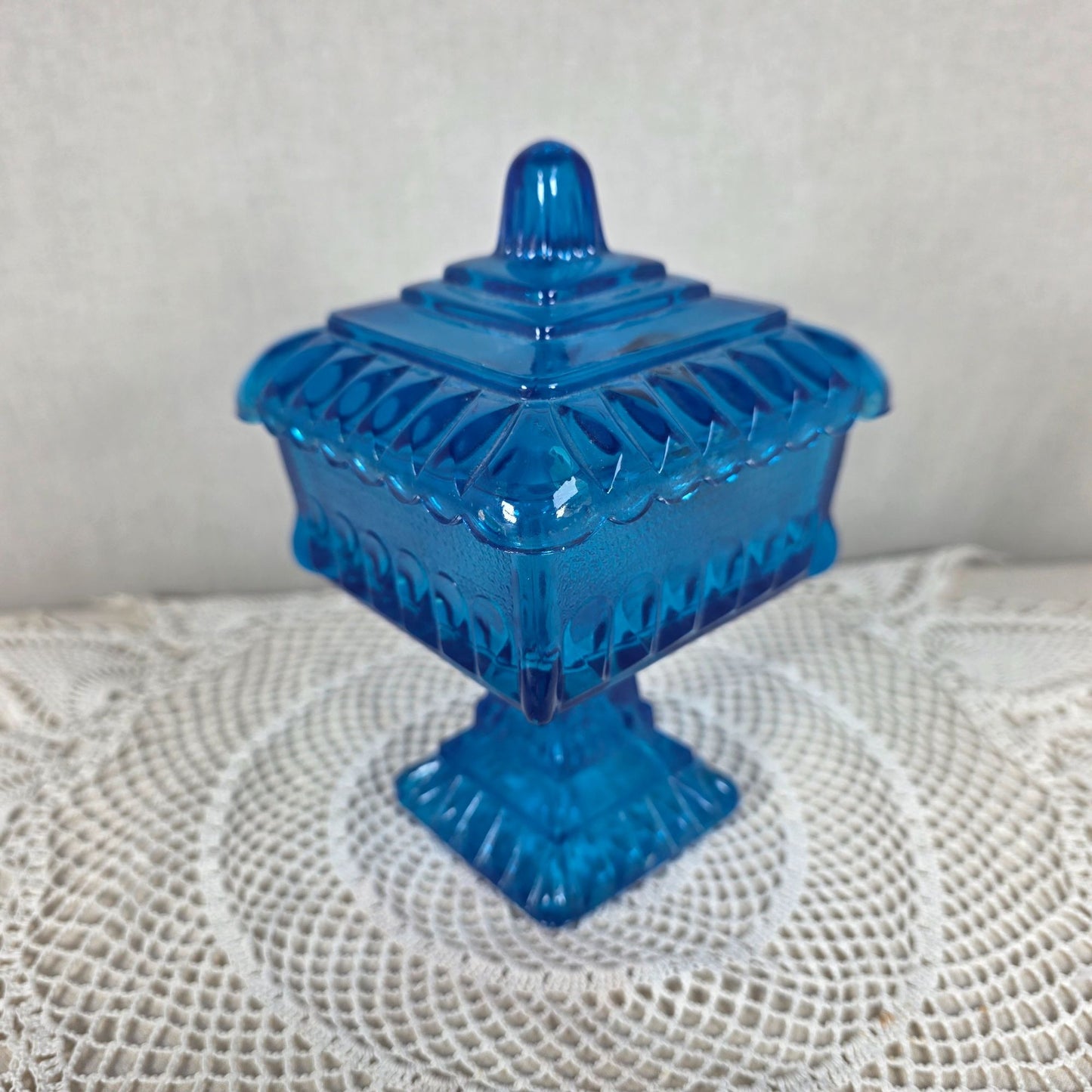 Vintage Jeannette Glass Blue Compote Candy Dish Pedestal Lidded Footed Bowl with Lid