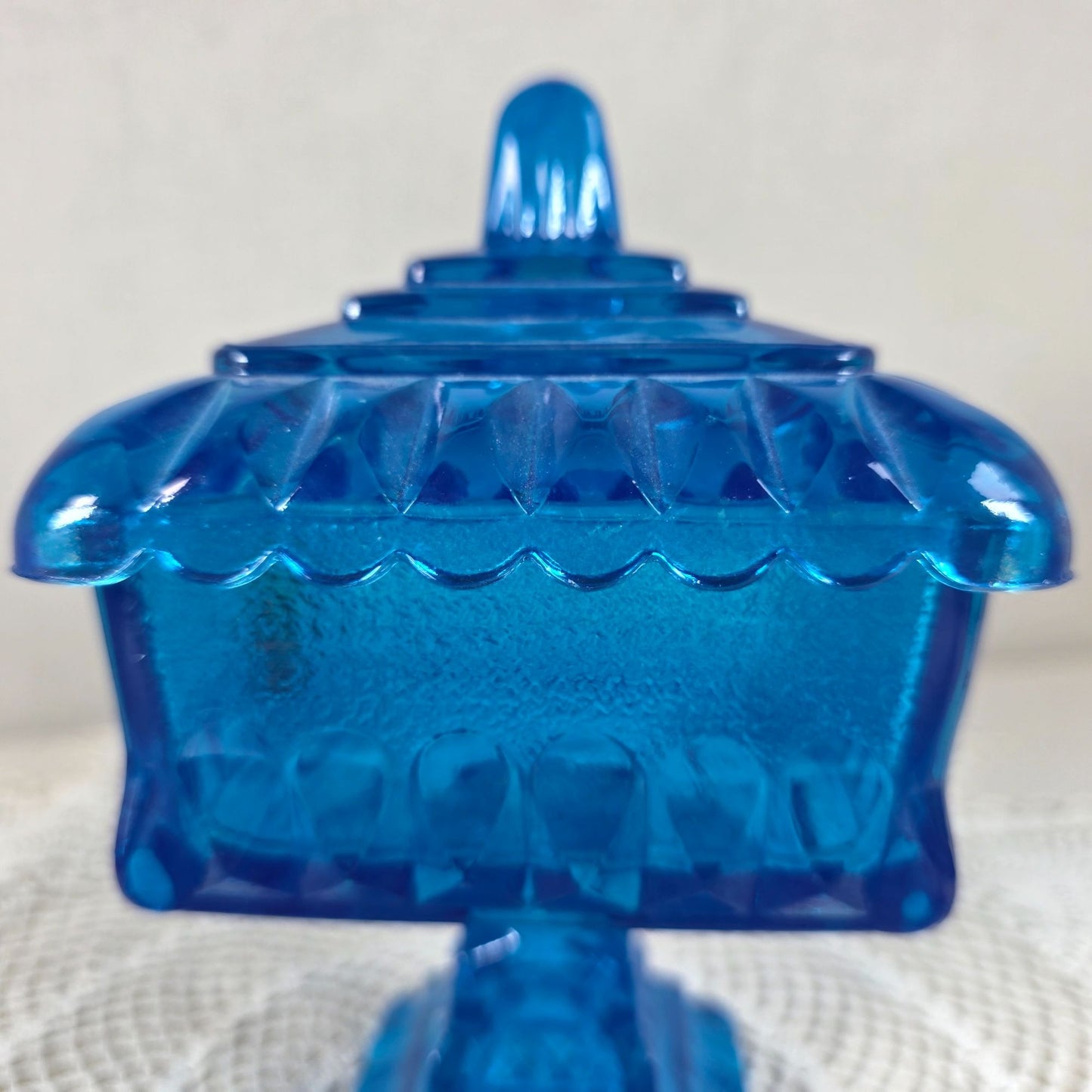 Vintage Jeannette Glass Blue Compote Candy Dish Pedestal Lidded Footed Bowl with Lid