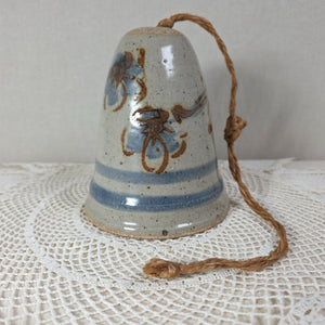 Vintage Stoneware Wind Bell With Hand Painted Cobalt Blue Floral Motifs & Rustic Rope Hanger