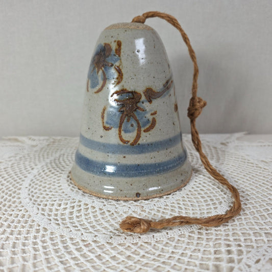 Vintage Stoneware Wind Bell With Hand Painted Cobalt Blue Floral Motifs & Rustic Rope Hanger