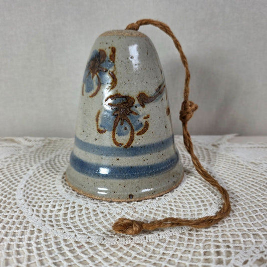 Vintage Stoneware Wind Bell With Hand Painted Cobalt Blue Floral Motifs & Rustic Rope Hanger