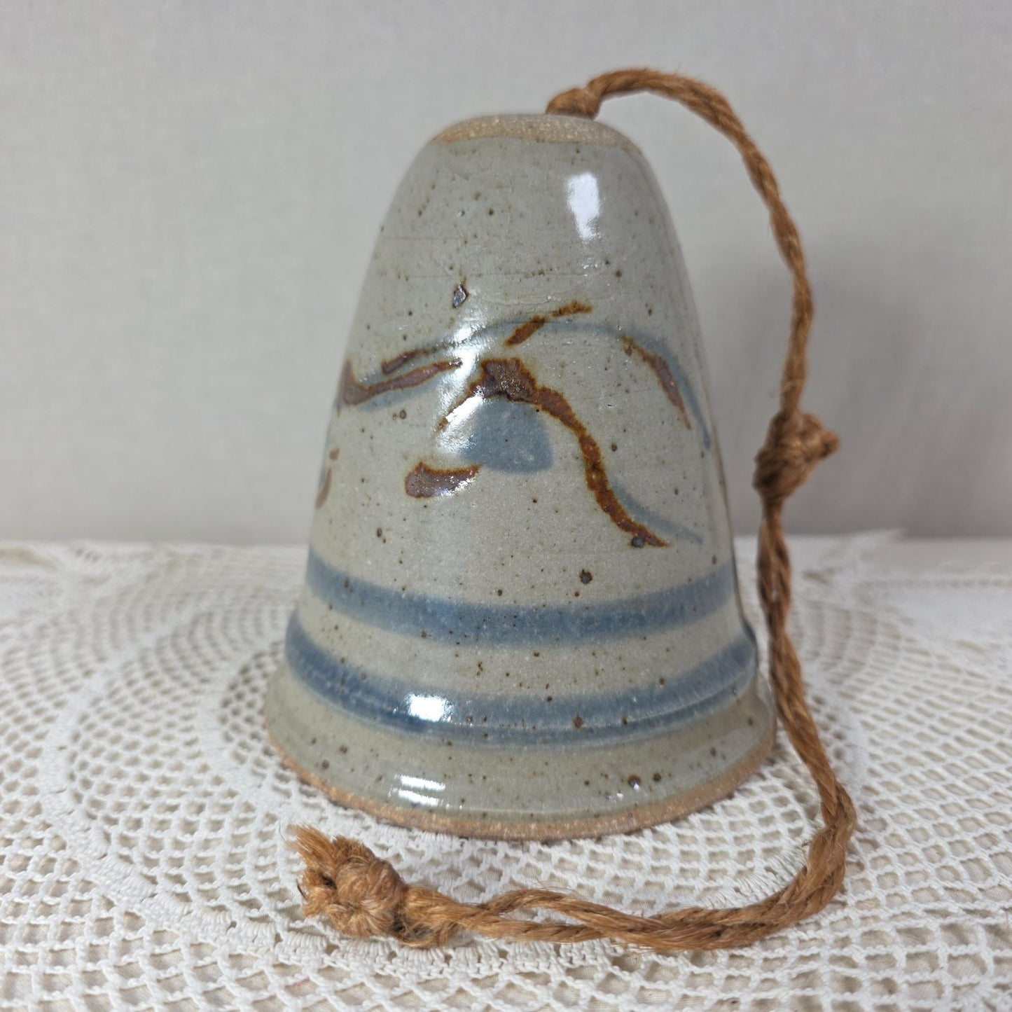 Vintage Stoneware Wind Bell With Hand Painted Cobalt Blue Floral Motifs & Rustic Rope Hanger