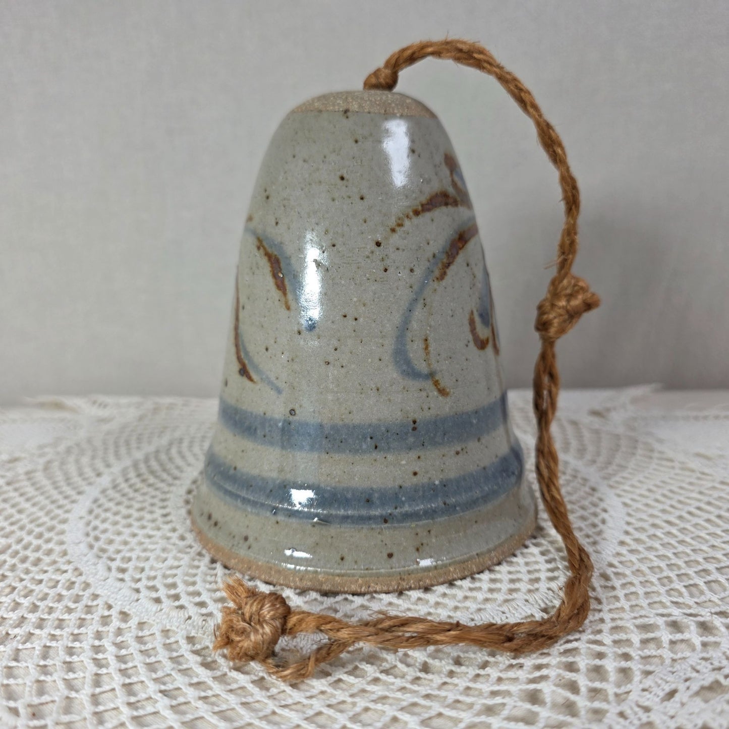 Vintage Stoneware Wind Bell With Hand Painted Cobalt Blue Floral Motifs & Rustic Rope Hanger