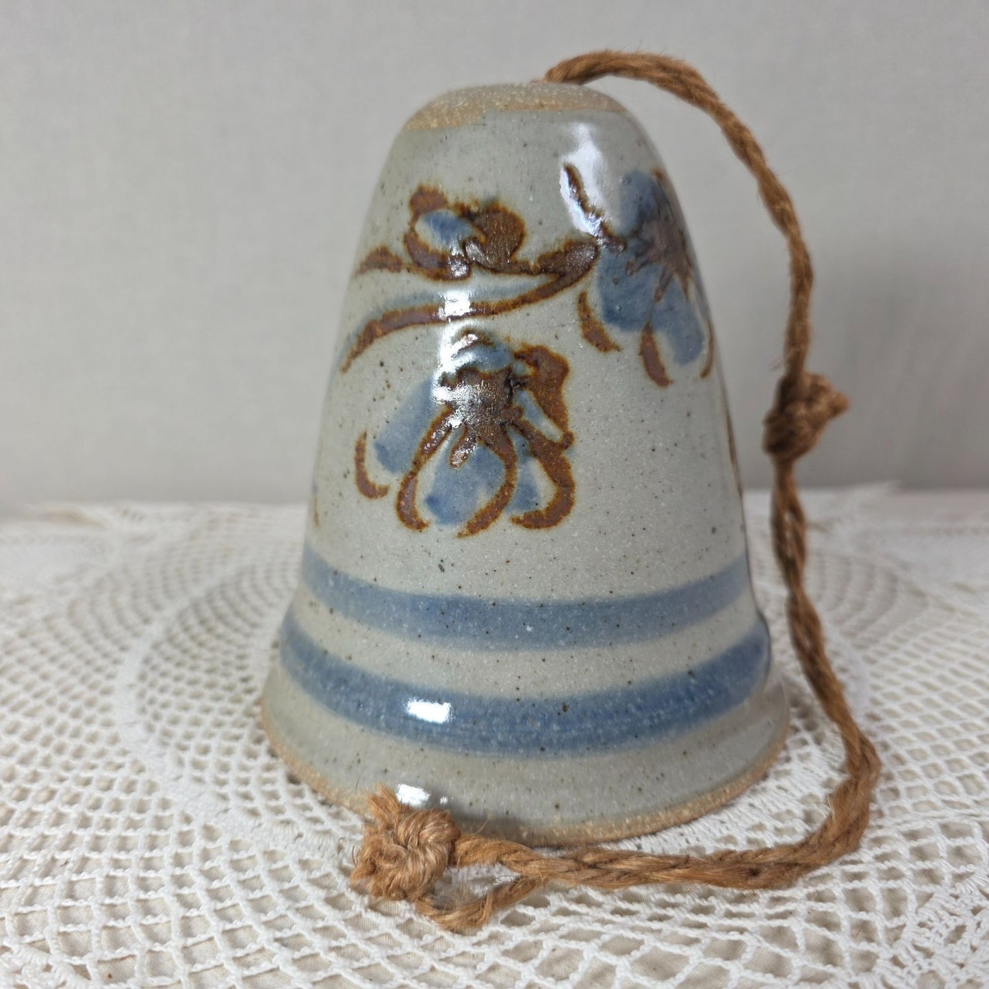 Vintage Stoneware Wind Bell With Hand Painted Cobalt Blue Floral Motifs & Rustic Rope Hanger
