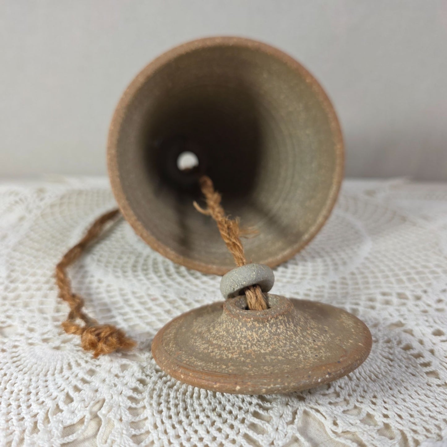 Vintage Stoneware Wind Bell With Hand Painted Cobalt Blue Floral Motifs & Rustic Rope Hanger