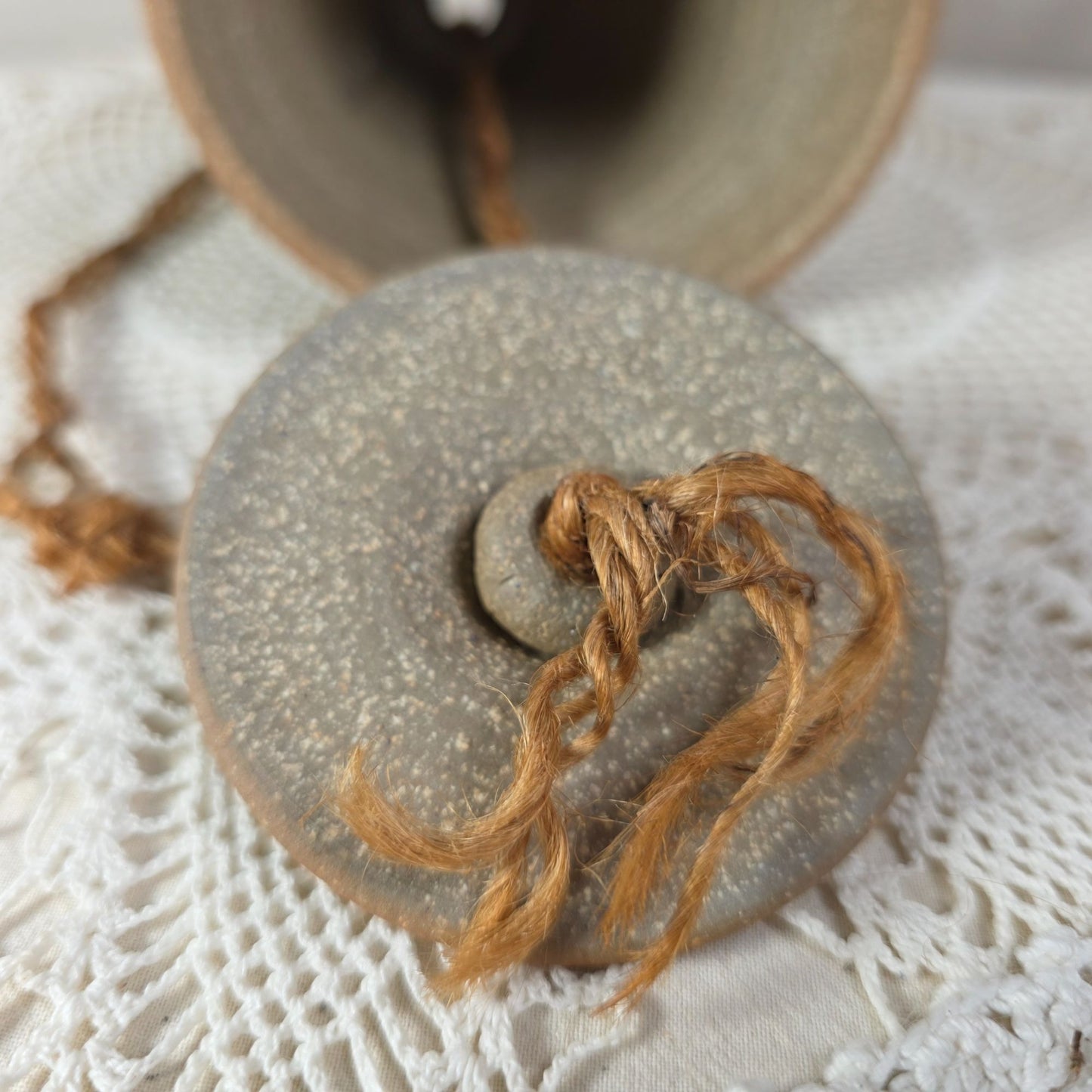 Vintage Stoneware Wind Bell With Hand Painted Cobalt Blue Floral Motifs & Rustic Rope Hanger