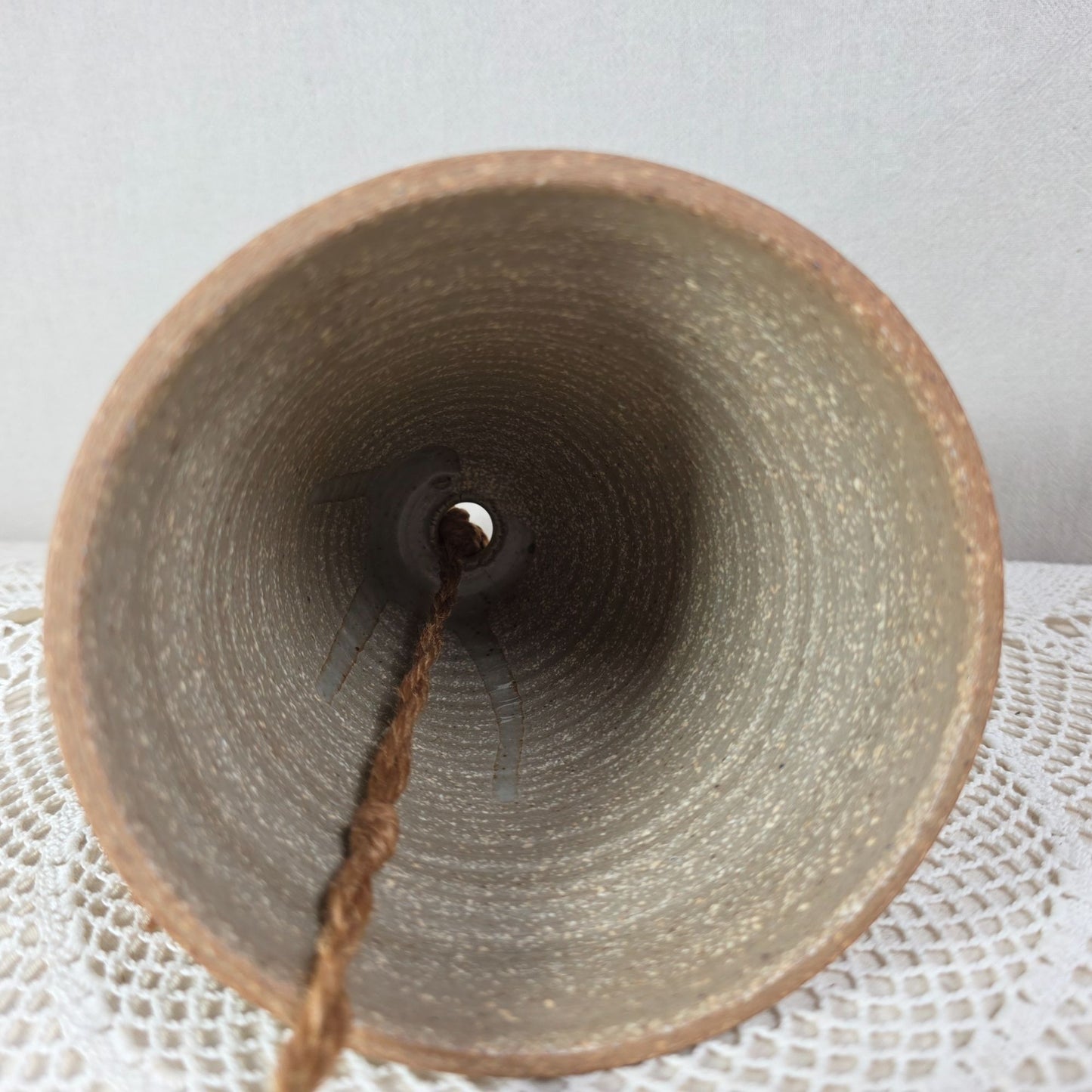 Vintage Stoneware Wind Bell With Hand Painted Cobalt Blue Floral Motifs & Rustic Rope Hanger